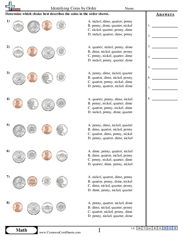 Identifying Coins by Order worksheet